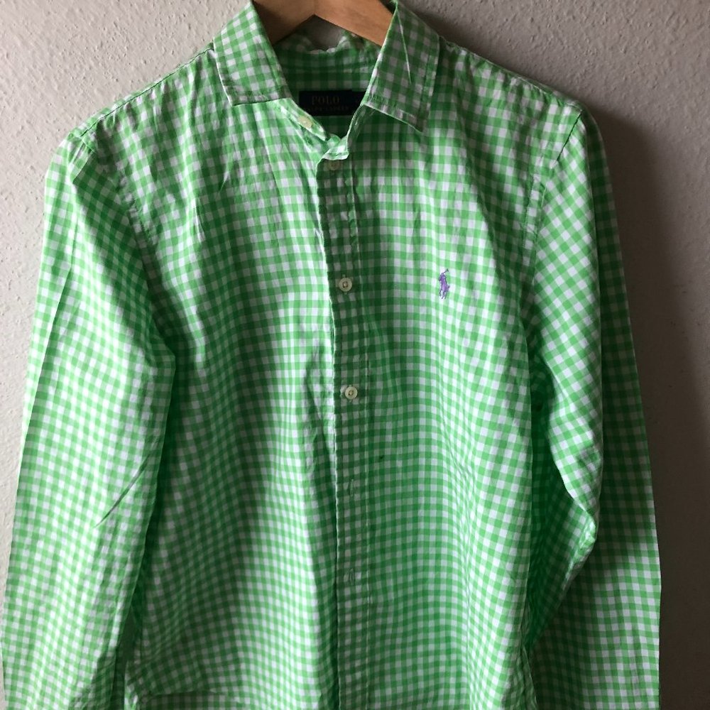 polo green and white plaid button down shirt for boys L/G youth